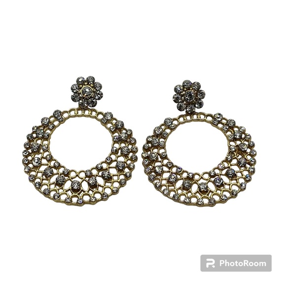 Gold Tone Rhinestones Dangle Drop Filigree Openwork Circle Hoop Fashion Earrings - Picture 8 of 8
